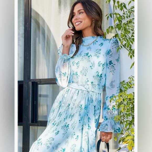 Women's Floral Midi Dress Puff Long Sleeve Ruffle A-Line Pleated Belted Dress - Picture 3 of 8